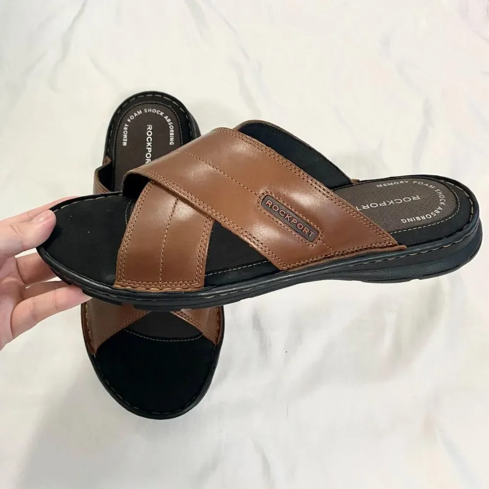 NEW Brown Leather Rockport Men's Darwyn Xband Sandals Size US Mens 9.5 WIDE